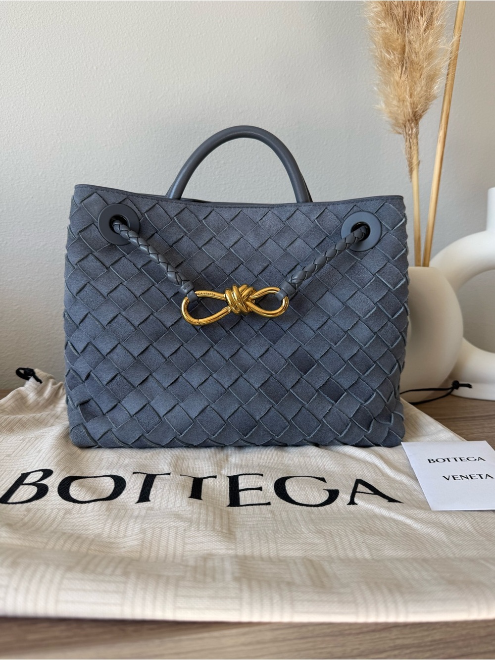 Bottega Veneta Andiamo Suede Crossbody in “Cloudy Indigo”